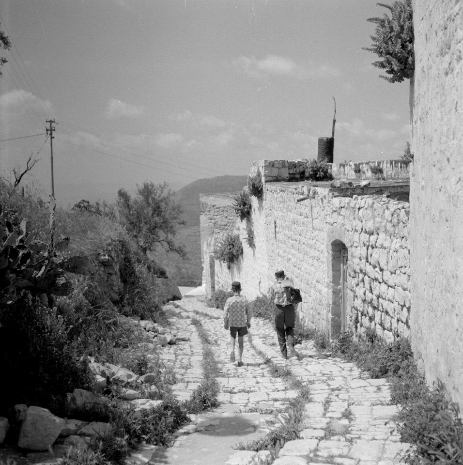 Straatbeeld in de kunstenaarskolonie bij Safad (Safed) met een telefoonpaal, Bestanddeelnr 255-3989 photo