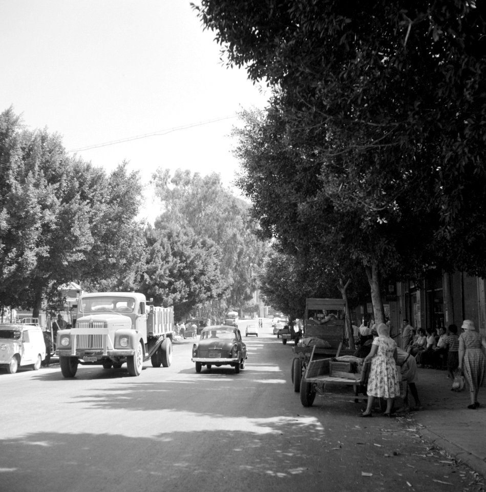 Straatbeeld in Petah Tikwa Een lommerrijke weg met auto's, voetgangers en winke, Bestanddeelnr 255-3781