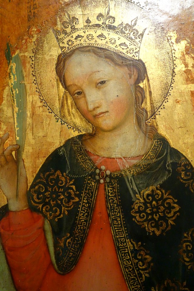 Sts. Catherine, John the Evangelist, John the Baptist, and Benedict the Abbot, by Donato De' Bardi, 1420-1430, view 2 St. Catherine, tempera on wood - Accademia Ligustica di Belle Arti - DSC01986