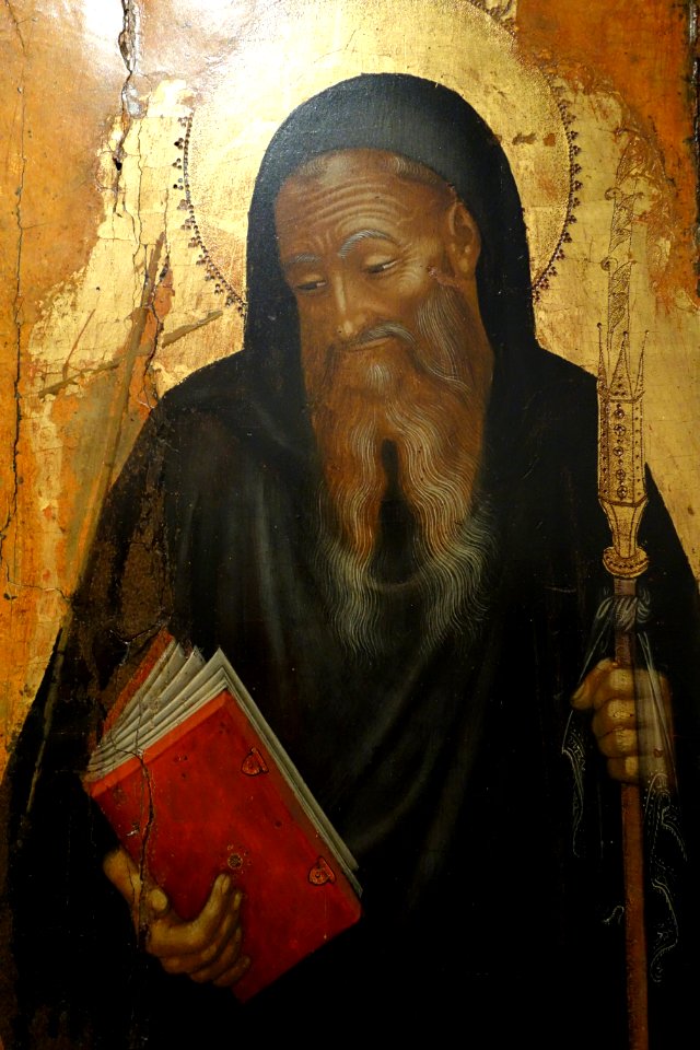 Sts. Catherine, John the Evangelist, John the Baptist, and Benedict the Abbot, by Donato De' Bardi, 1420-1430, view 5 Benedict the Abbot, tempera on wood - Accademia Ligustica di Belle Arti - DSC01995