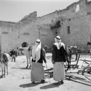 Straatbeeld in Nazareth met Arabieren, ezels en muilezels op met een muur omgeve, Bestanddeelnr 255-1036