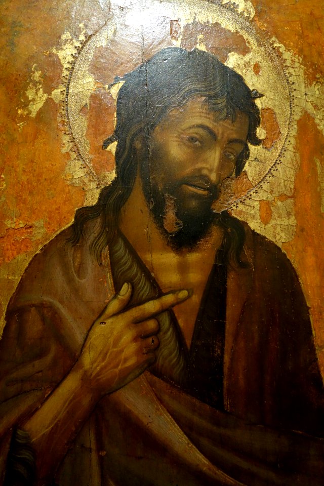 Sts. Catherine, John the Evangelist, John the Baptist, and Benedict the Abbot, by Donato De' Bardi, 1420-1430, view 4 John the Baptist, tempera on wood - Accademia Ligustica di Belle Arti - DSC01992
