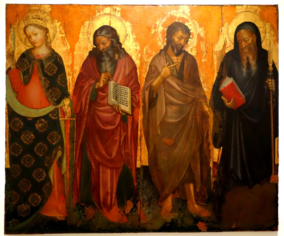 Sts. Catherine, John the Evangelist, John the Baptist, and Benedict the Abbot, by Donato De' Bardi, 1420-1430, view 1, tempera on wood - Accademia Ligustica di Belle Arti - DSC01984