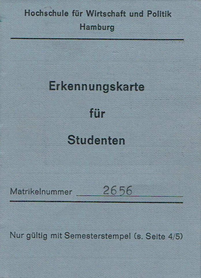 Studentenausweis an der Hochschule für Wirtschaft und Politik in Hamburg 1973-1975 