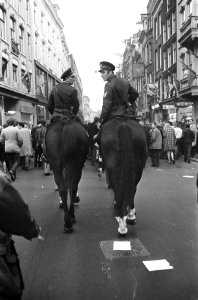Studenten-demonstraties in Amsterdam onder politie te paard, trok de stoet naar , Bestanddeelnr 921-7916