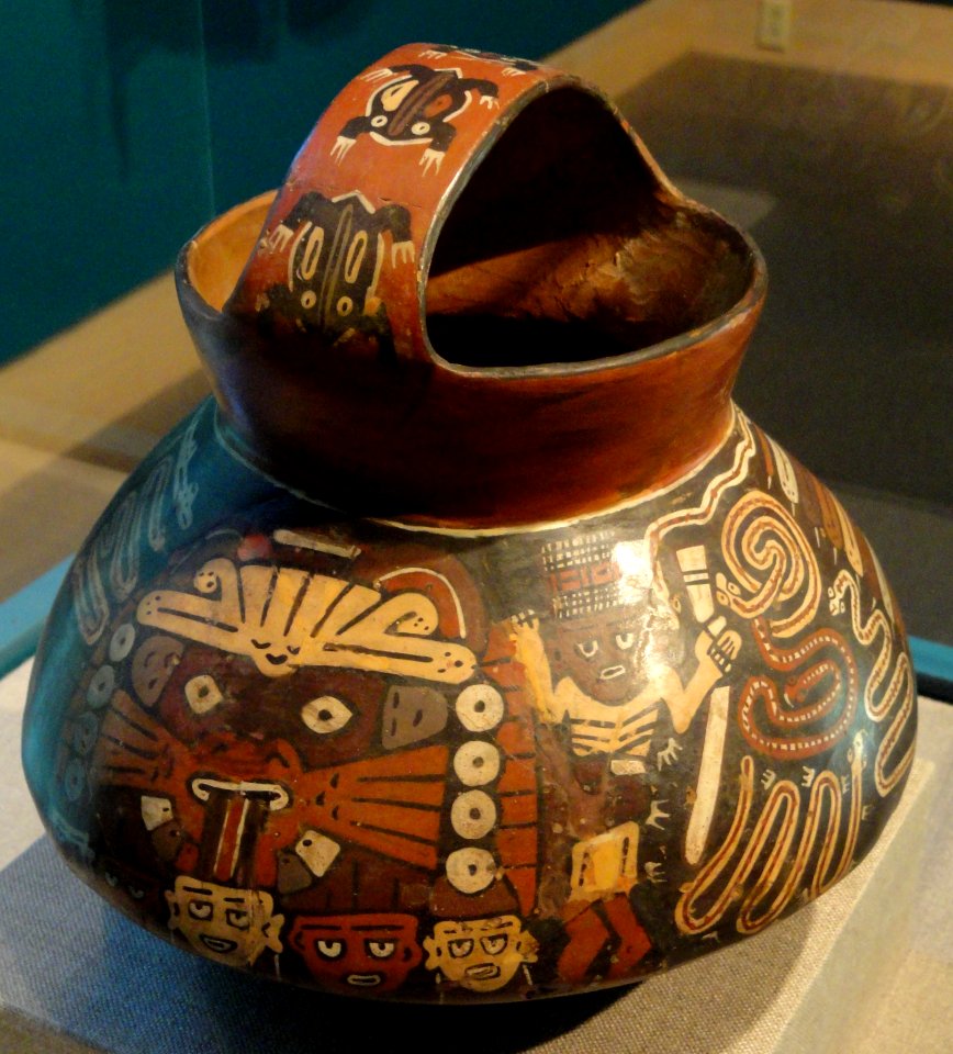 Strap-handled vessel depicting a supernatural scene, Nazca, South Coast Peru, 200 BC - 600 AD, terracotta with colored slip, view 2 - Hood Museum of Art - DSC09297