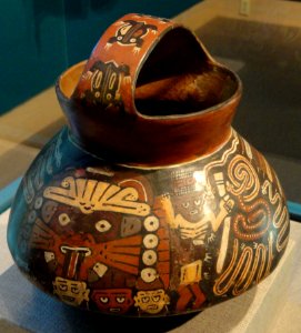 Strap-handled vessel depicting a supernatural scene, Nazca, South Coast Peru, 200 BC - 600 AD, terracotta with colored slip, view 2 - Hood Museum of Art - DSC09297