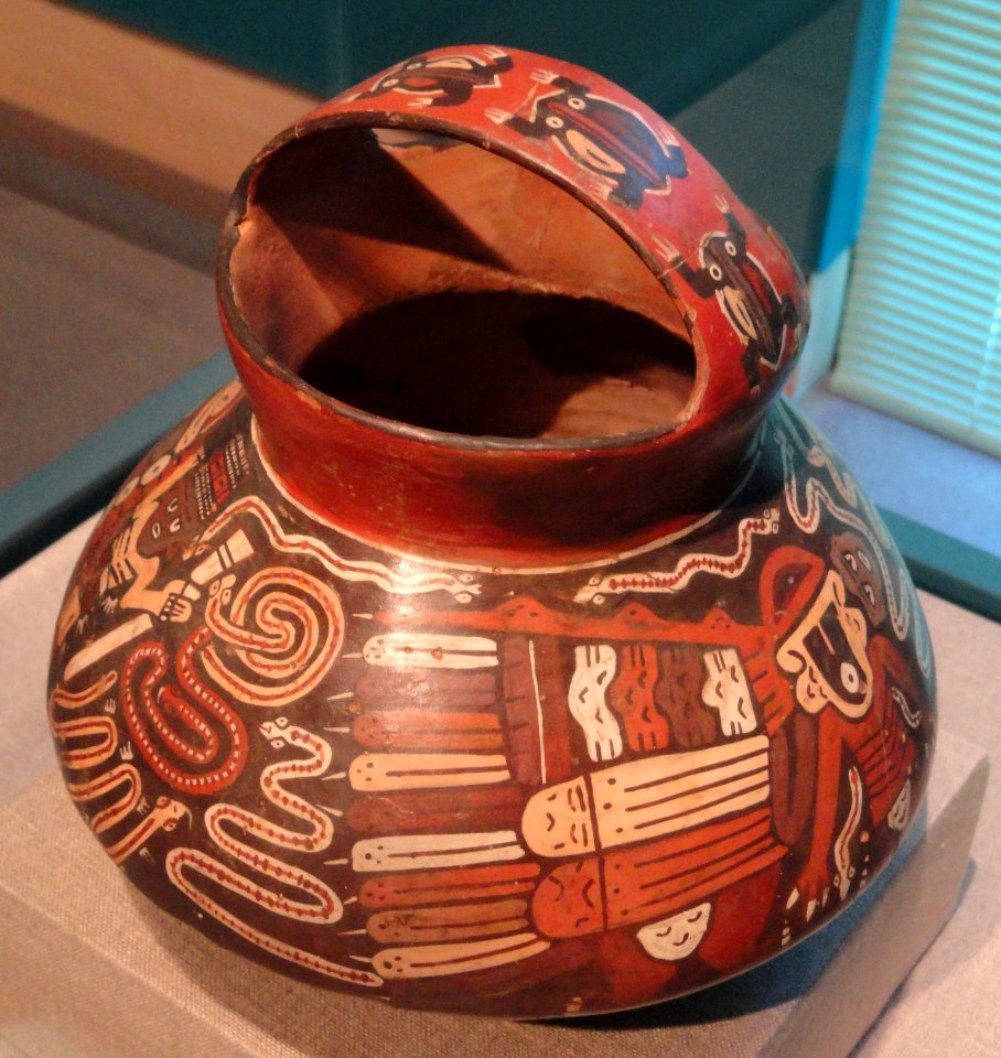 Strap-handled vessel depicting a supernatural scene, Nazca, South Coast Peru, 200 BC - 600 AD, terracotta with colored slip, view 1 - Hood Museum of Art - DSC09294
