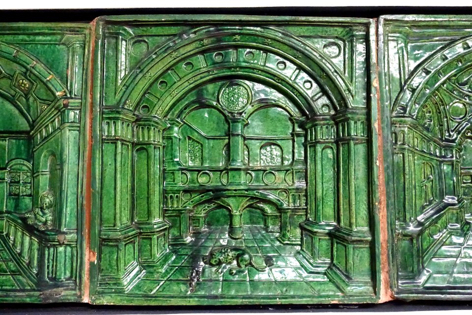 Stove tiles with perspective architecture, 3 of 4, Nuremberg, 1525-1550, ceramic, green glaze - Germanisches Nationalmuseum - Nuremberg, Germany - DSC03720