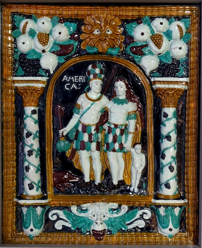 Stove tile with personification of America, Southern Germany, 1650-1700, ceramic, polychrome glaze - Germanisches Nationalmuseum - Nuremberg, Germany - DSC03737