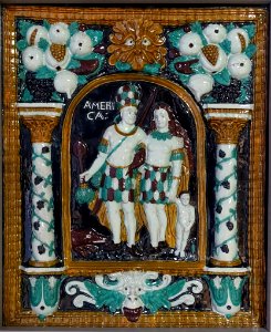 Stove tile with personification of America, Southern Germany, 1650-1700, ceramic, polychrome glaze - Germanisches Nationalmuseum - Nuremberg, Germany - DSC03737
