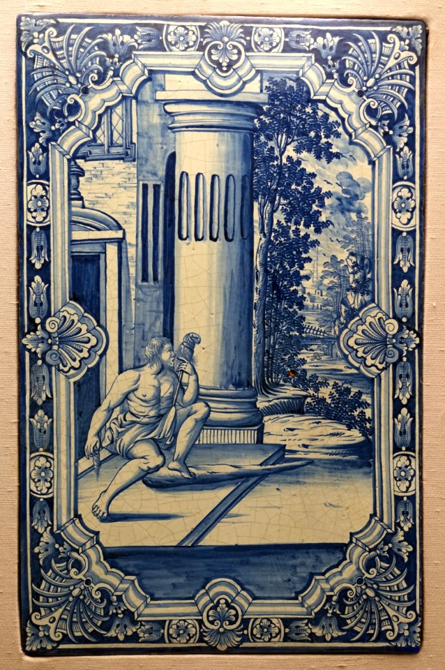 Stove tile with Hercules spinning wool in the service of Omphale, Hamburg, 1740-1750, faience, underglaze blue - Germanisches Nationalmuseum - Nuremberg, Germany - DSC02598