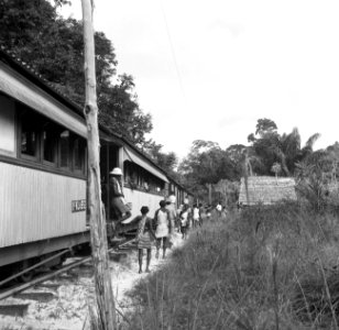 Stop van de goudveldentrein op het tracee Paramaribo - Kabelstation, Bestanddeelnr 252-5981