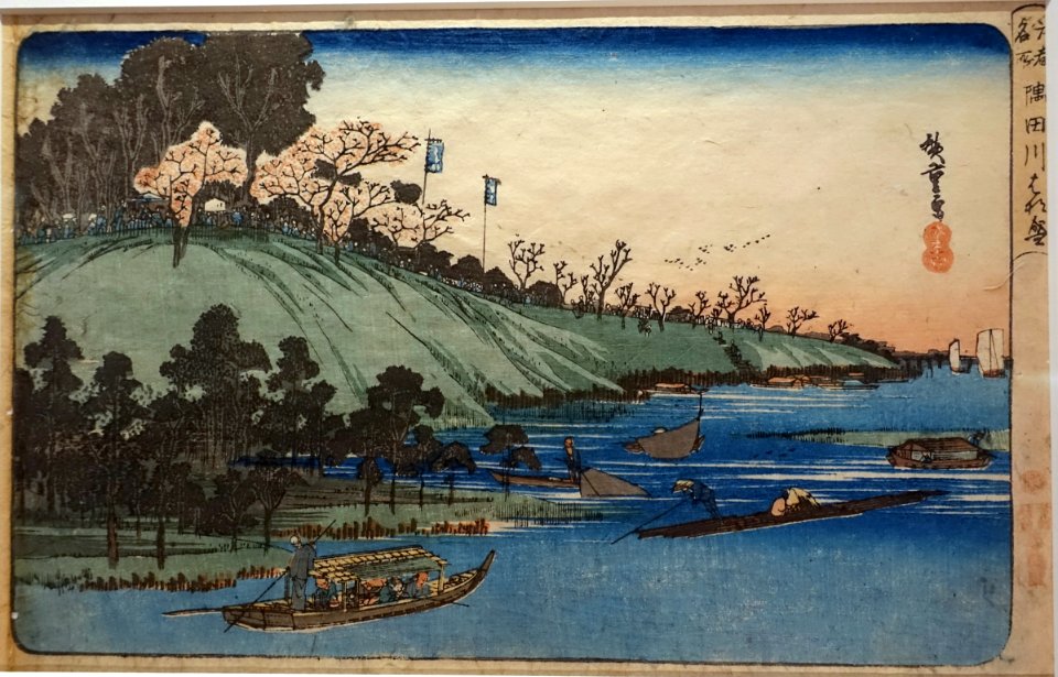 Sumida River in cherry blossom season, from Famous Places of Edo, by Utagawa Hiroshige, Edo period, 1800s AD, print - Ishikawa Prefectural Museum of Traditional Arts and Crafts - Kanazawa, Japan - DSC09571