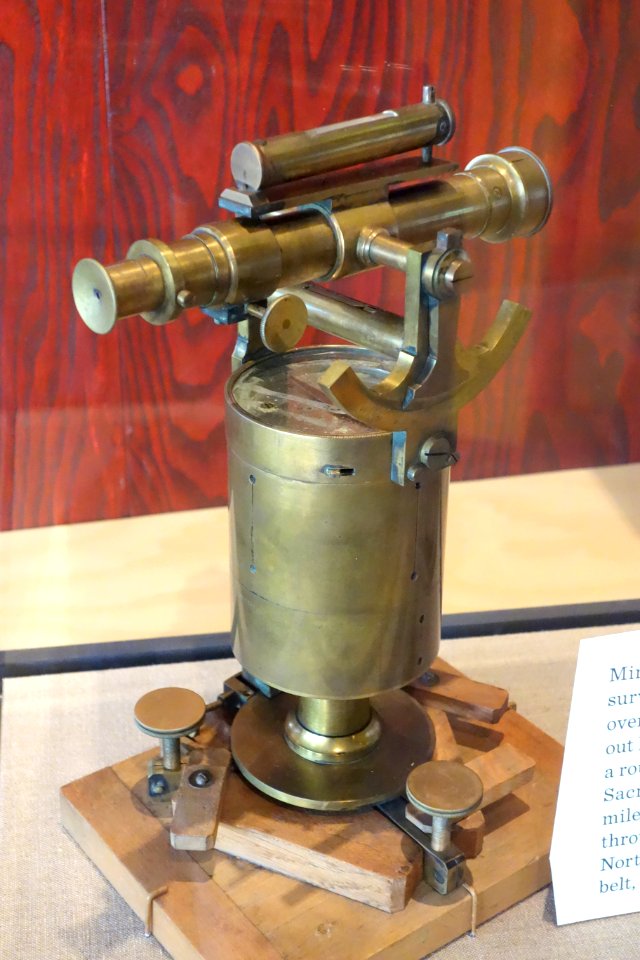 Surveyor's transit used to survey route of the Central Pacific railroad over the Sierras - Oakland Museum of California - DSC05169