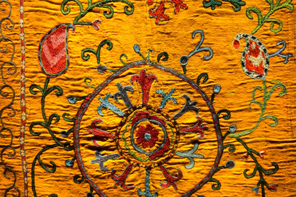 Suzani (detail), Central Asia, probably Bukhara, 1800s, embroidery, silk and wool on cotton - Museum für Völkerkunde Dresden - DSC08188