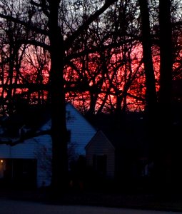 Sunset behind house in November in Summit New Jersey