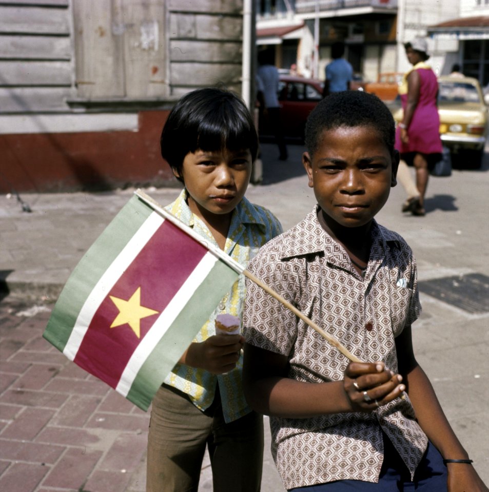 Surinaamse bevolking jongetje met Surinaamse vlag, Bestanddeelnr 254-9757