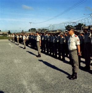 Surinaams leger in aktie President Ferrier inspecteert troepen (zonder Ferrier), Bestanddeelnr 254-9742