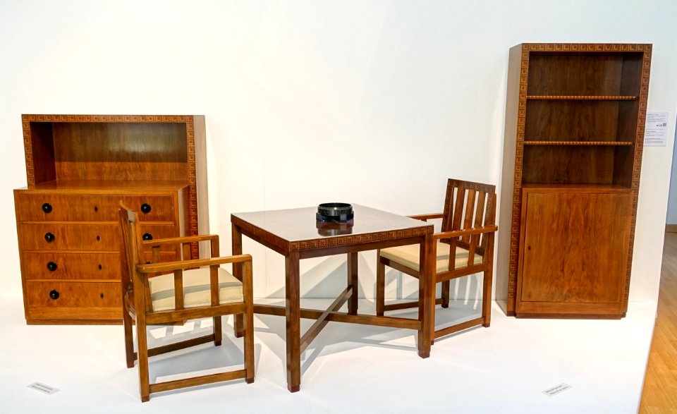 Study by Albin Muller, 1 of 4, Hofmobelfabrik Ludwig Alter, 1914, American nutwood, palisander, renewed seat coverings - Museum Künstlerkolonie Darmstadt - Mathildenhöhe - Darmstadt, Germany - DSC06014