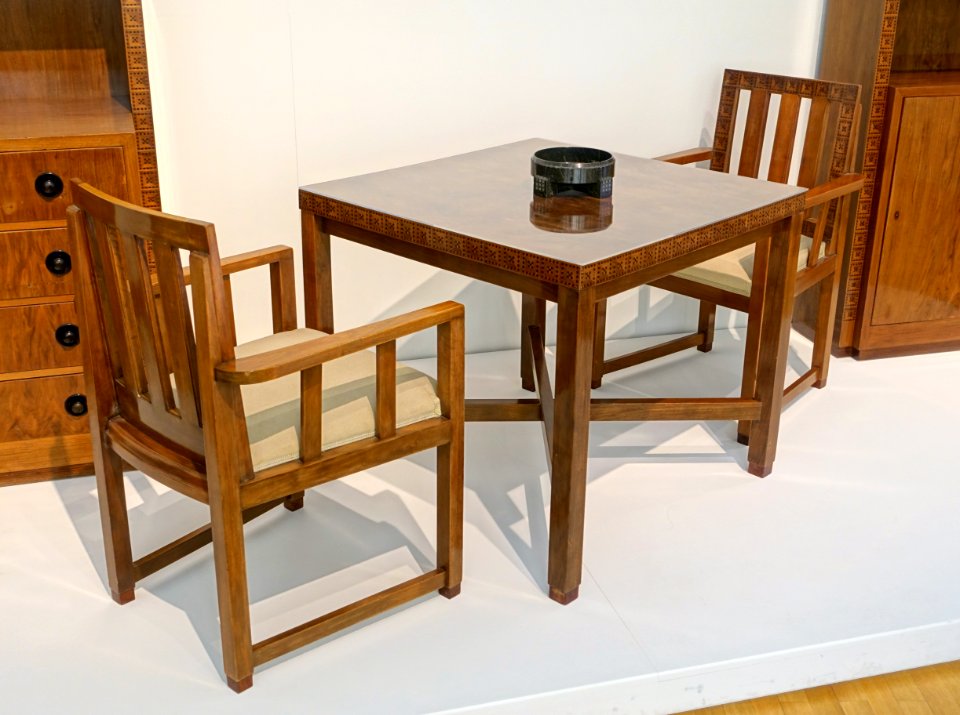 Study by Albin Muller, 3 of 4, Hofmobelfabrik Ludwig Alter, 1914, American nutwood, palisander, renewed seat coverings - Museum Künstlerkolonie Darmstadt - Mathildenhöhe - Darmstadt, Germany - DSC06018