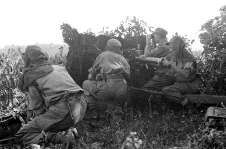 Stuk artilleriegeschut gecamoufleerd in stelling met bemanning, Bestanddeelnr 5090
