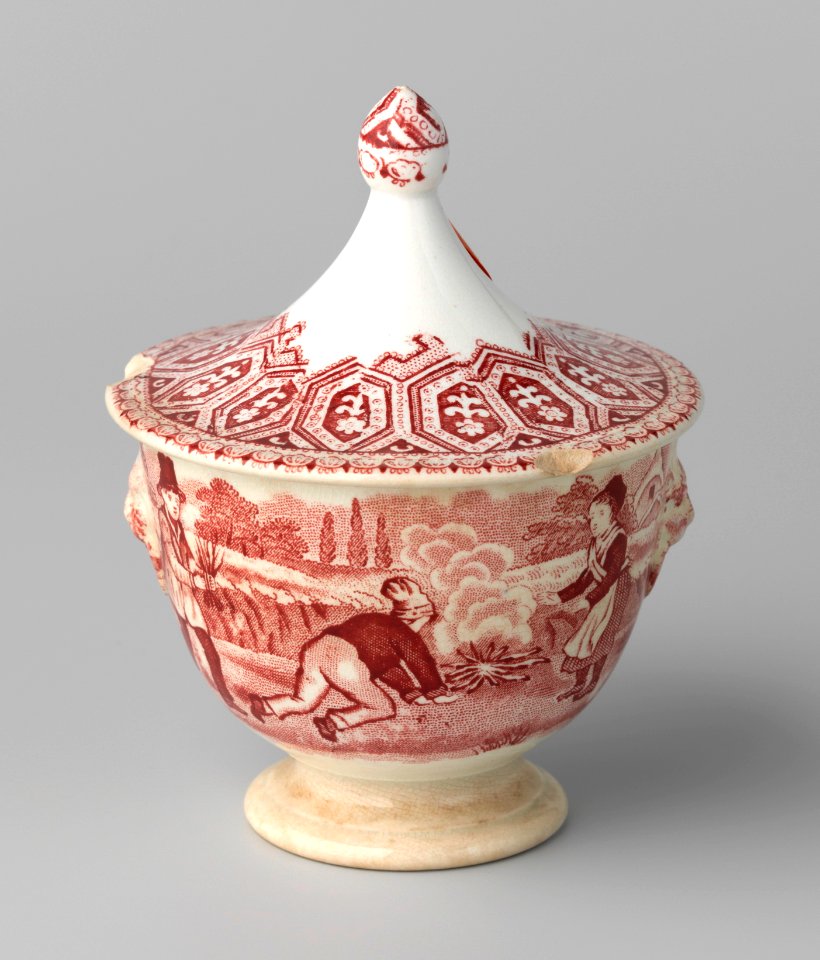 Suikerpot met spelende kinderen in rood (1874), Petrus Regout & Co