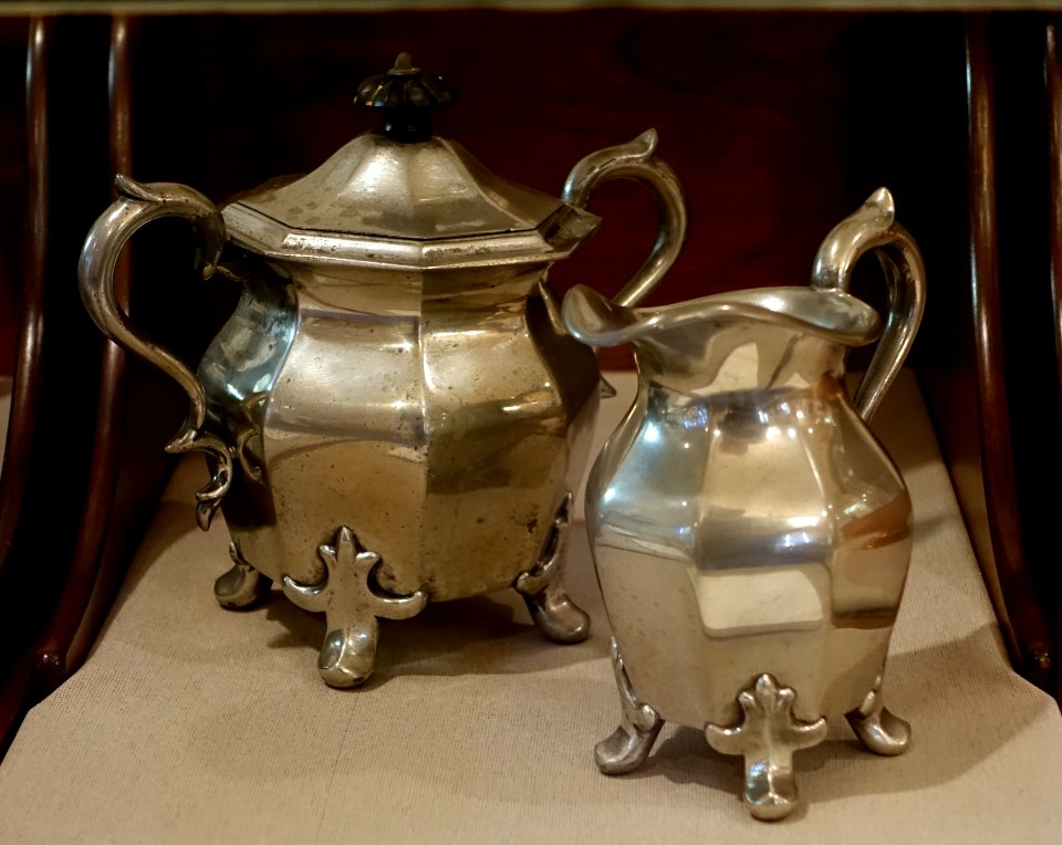 Sugar bowl and creamer, Reed & Barton pattern 1757, c. 1849, Britannia metal - Old Colony History Museum - Taunton, Massachusetts - DSC03779