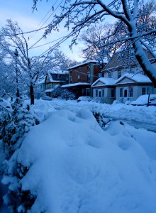 Summit New Jersey street with snow and trees in early light