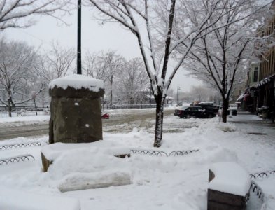 Summit New Jersey horse trough and buildings and trees after snow