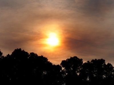 Sun behind clouds and forest fire smoke in Berlin-Spandau 2019-06-03 07