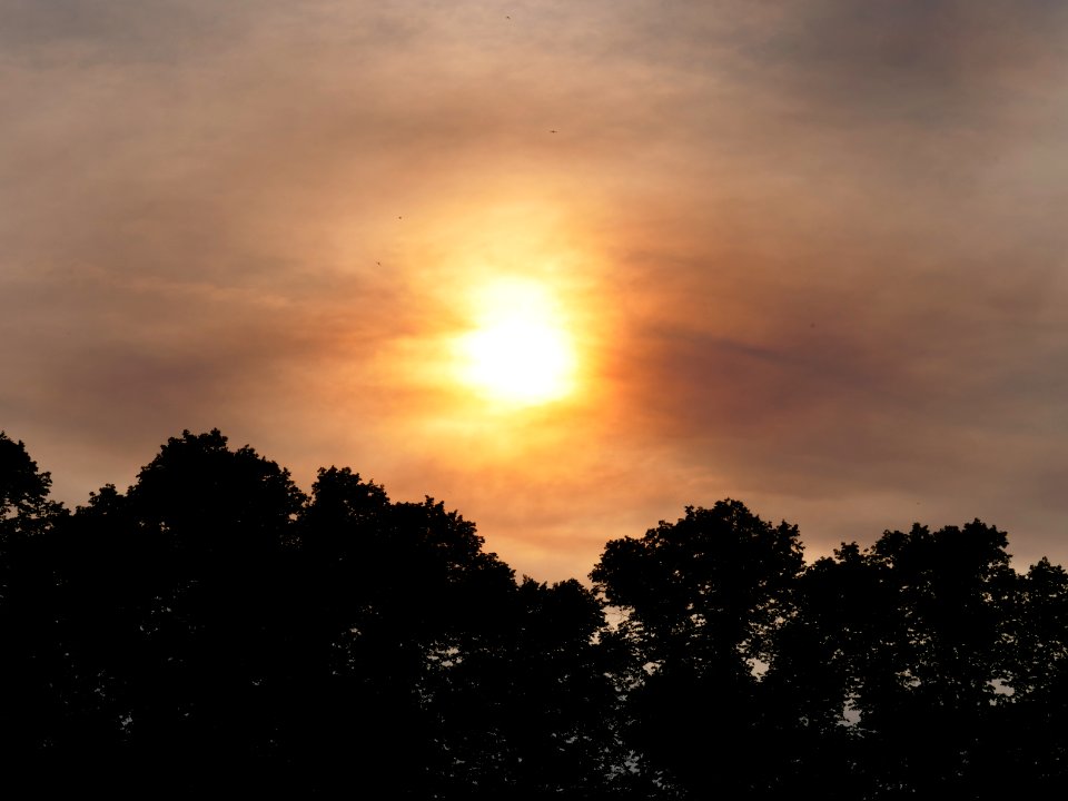 Sun behind clouds and forest fire smoke in Berlin-Spandau 2019-06-03 06