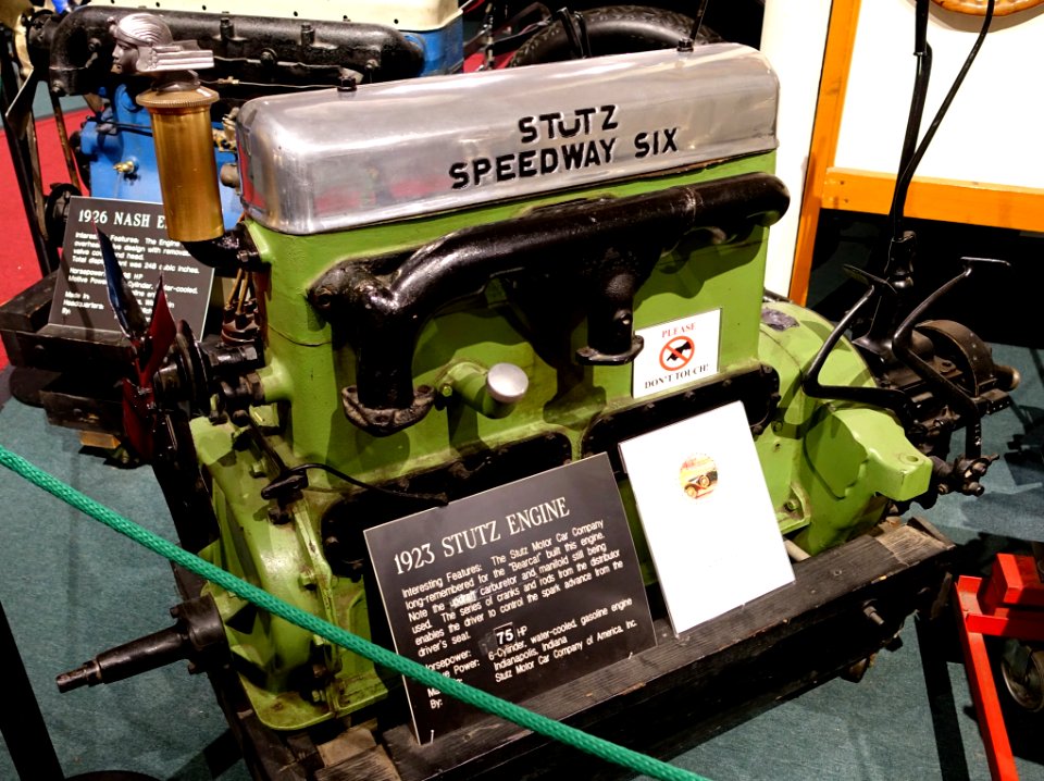 Stuz engine, 1923, made by Stutz Motor Car Co., Indianapolis, Indiana, 75 HP, 6 cylinder, gasoline engine - Luray Caverns Car and Carriage Museum - Luray, Virginia - DSC01306