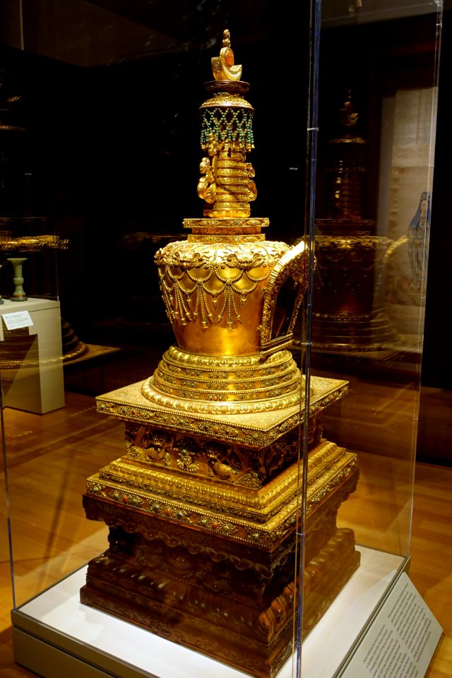 Stupa containing Empress Dowager Chongqing's hair and Amitayus Buddha, China, Qianlong period, 1777 AD, gold and silver alloy, semiprecious stones, glass, zitan wood pedestal- Peabody Essex Museum - DSC08051