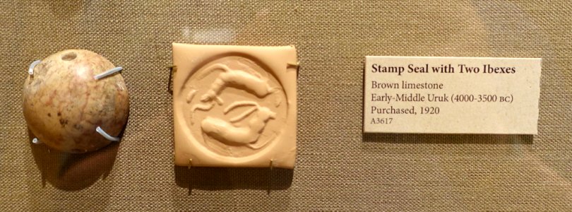 Stamp seal with Two Ibexes, Early-Middle Uruk, 4000-3500 BC, brown limestone - Oriental Institute Museum, University of Chicago - DSC07199