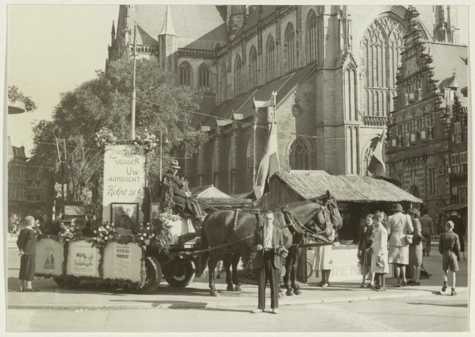 Stand op de Grote Markt met paard-en- wagen van de Dierenbescherming die een collecte houdt op dierendag