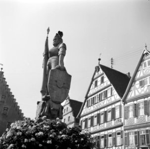 Standbeeld van Wolfgang Schutzbar op de maktplaats met vakwerkhuizen op de achte, Bestanddeelnr 254-3151