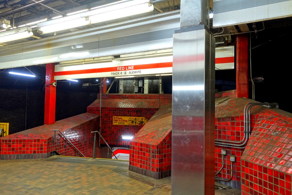 Stairs to northbound Red Line platform at Park Street, February 2018