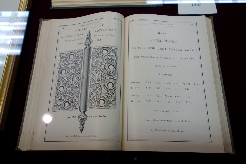 Stanley Works No. 502 Nickel Plated Loose Joint Capped Butts, price list - New Britain Industrial Museum - DSC09829