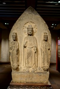 Standing Buddha triad, China, Eastern Wei dynasty, 500s AD, limestone - Tokyo National Museum - Tokyo, Japan - DSC08741