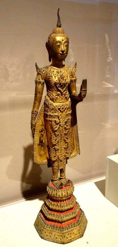 Standing Buddha, view 1, Thailand, Ayutthaya Period, 1351-1767, bronze, gilt, glass, and lacquer - Chazen Museum of Art - DSC01697