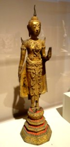 Standing Buddha, view 1, Thailand, Ayutthaya Period, 1351-1767, bronze, gilt, glass, and lacquer - Chazen Museum of Art - DSC01697