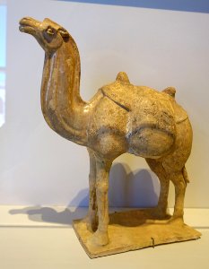 Standing camel (mingqi), China, Sui or Tang dynasty, late 6th to early 10th century AD, buff clay, straw glaze, traces of painted decoration - John and Mable Ringling Museum of Art - Sarasota, FL - DSC00676