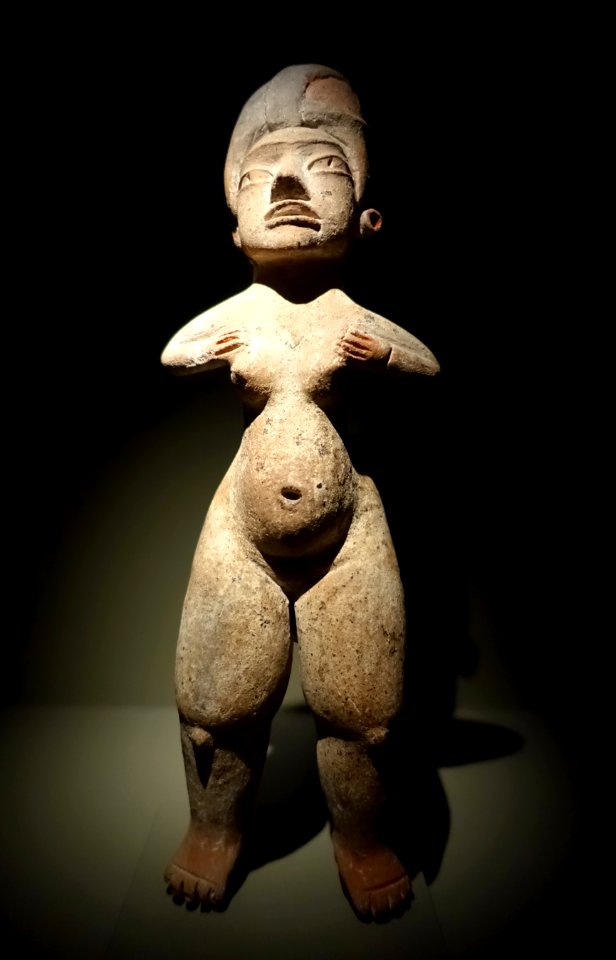 Standing female figure with hands on chest, Las Bocas, Puebla state, Early to Middle Formative period, c. 1000-500 BC, ceramic, paint - Dallas Museum of Art - DSC04589