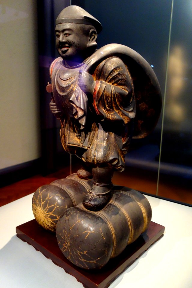 Standing Daikokuten (Mahakala) by Kaiken, Nanbokucho period, dated 1347 (Jowa 3), wood with polychromy, view 1 - Tokyo National Museum - DSC05073
