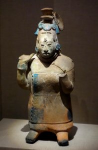 Standing female dignitary in the form of a whistle, Mexico, Jaina Island, Late Classic Maya, 600-900 AD, earthenware and pigment - De Young Museum - DSC00673