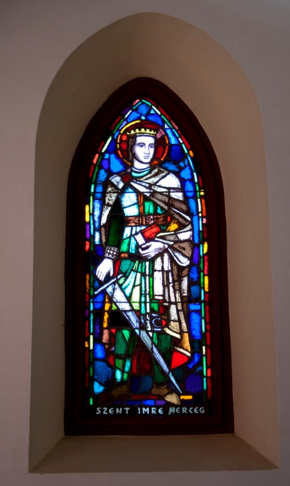 Stained glass window in the Galyatető Roman Catholic church with Saint Emeric