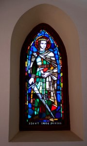 Stained glass window in the Galyatető Roman Catholic church with Saint Emeric