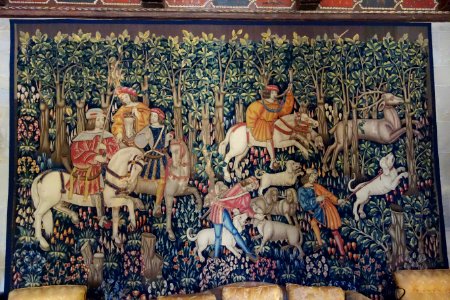 Stag hunt, Franco-Flemish Gothic, mille-fleurs tapestry, woven c. 1500 AD - Hearst Castle - DSC06346
