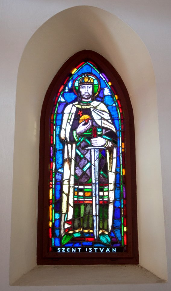 Stained glass window in the Galyatető Roman Catholic church with Saint Stephen
